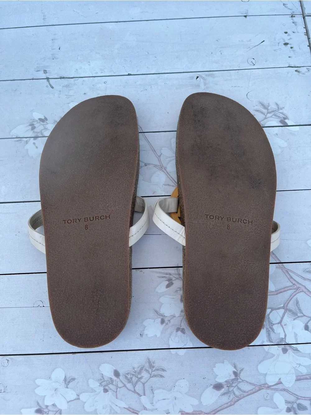 Tory Burch Beige and Gold Logo Thong Sandals
